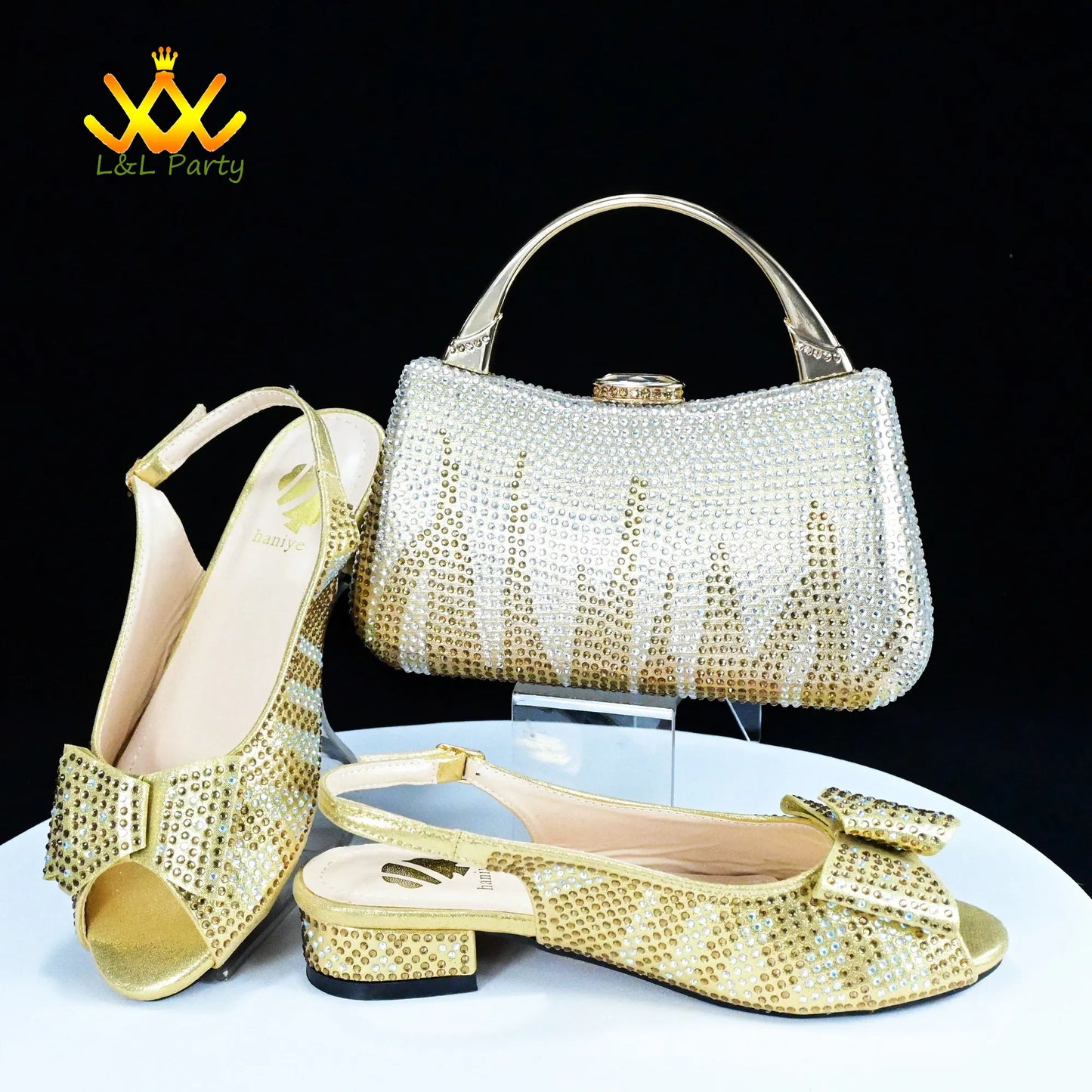 Gold rhinestone evening Fashionable shoes and bag set. Slingback peep toe flats with bow clutch