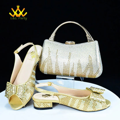 Gold rhinestone evening Fashionable shoes and bag set. Slingback peep toe flats with bow clutch