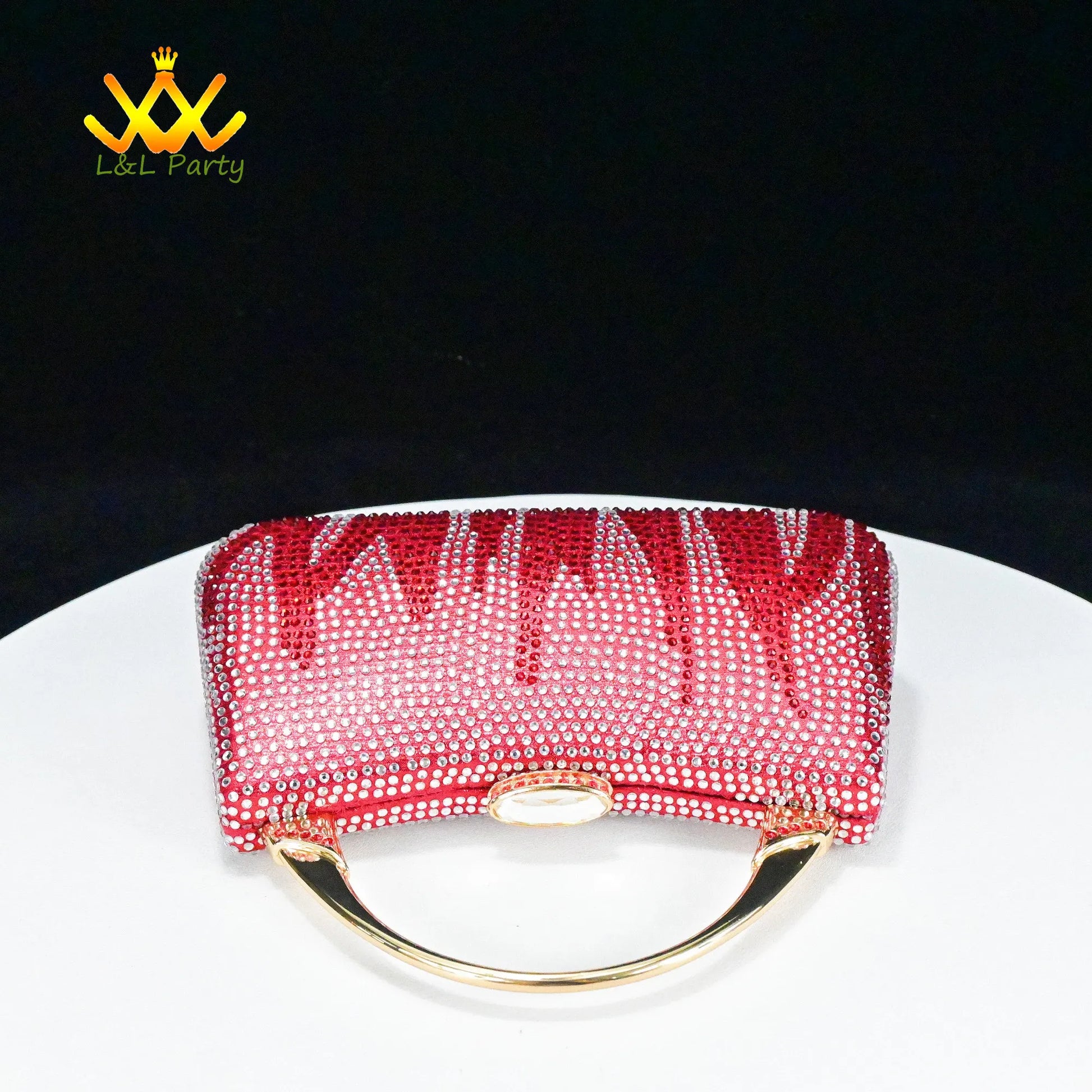 Fashionable shoes and bag set red rhinestone clutch with gold metal handle and oval clasp sparkling design