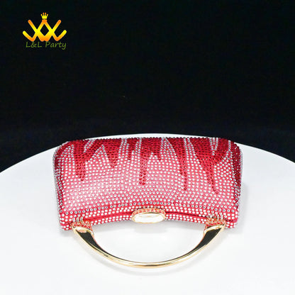 Fashionable shoes and bag set red rhinestone clutch with gold metal handle and oval clasp sparkling design