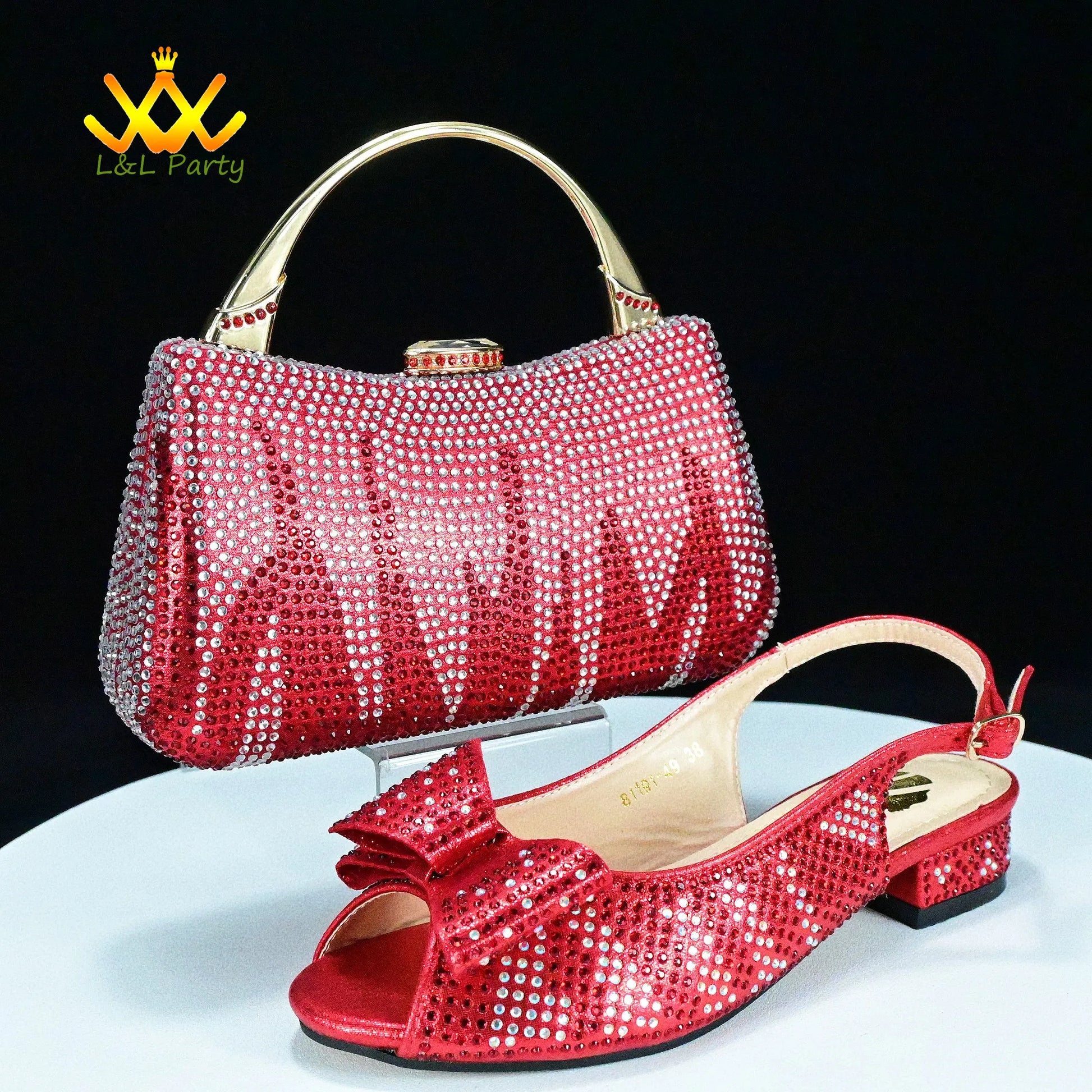 EtherealBe red rhinestone handbag and matching slingback shoe Fashionable shoes and bag set. Gold handle and low heel