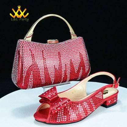 EtherealBe red rhinestone handbag and matching slingback shoe Fashionable shoes and bag set. Gold handle and low heel