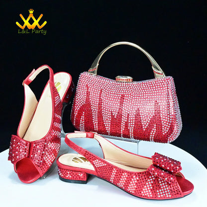 Red crystal studded slingback peep toe shoes with bow and matching red clutch with gold handle Fashionable shoes and bag set.