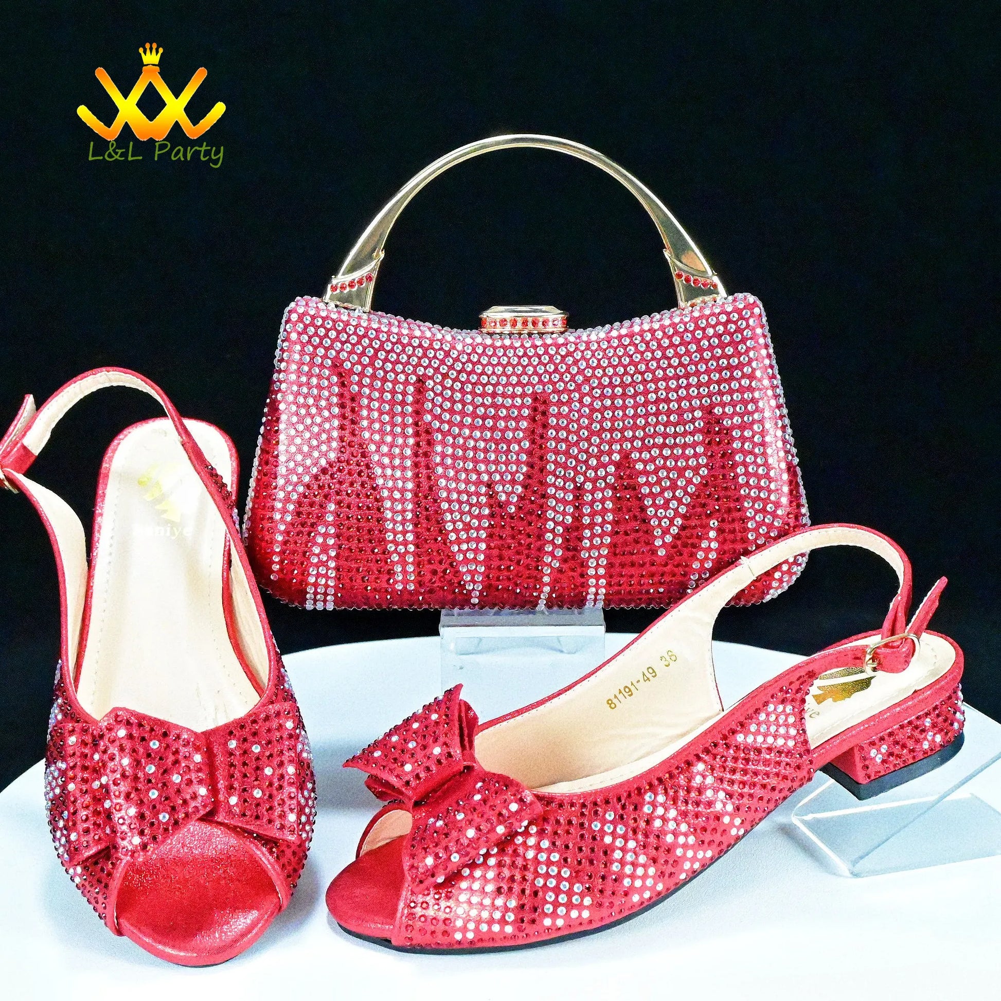 Red rhinestone slingback peep toe low heel shoes with bow and matching clutch purse Fashionable shoes and bag set.