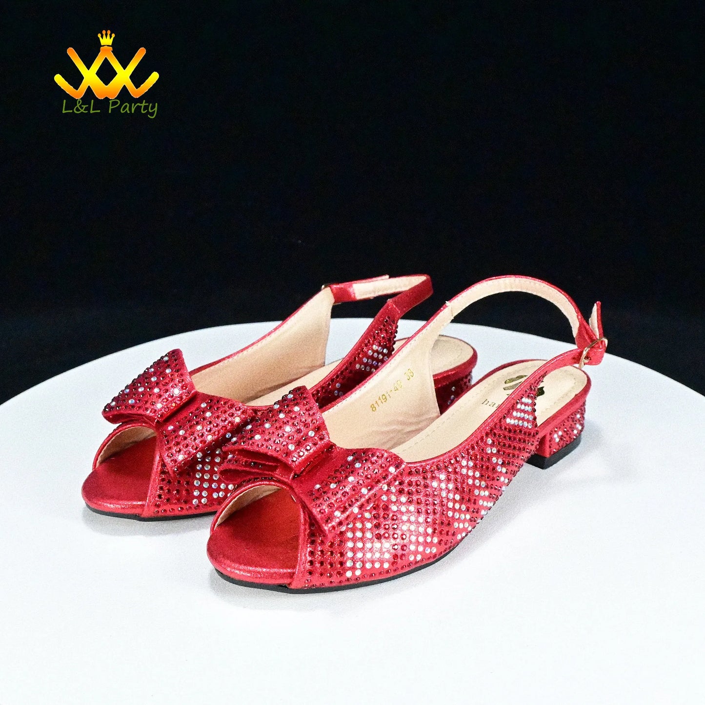 Red rhinestone slingback peep toe low heel sandals with bow accent, Fashionable shoes and bag set.