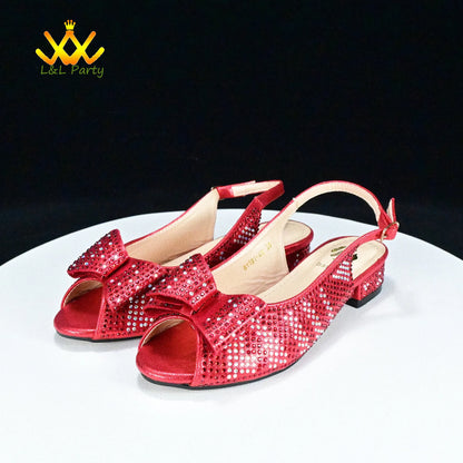 Red rhinestone slingback peep toe low heel sandals with bow accent, Fashionable shoes and bag set.