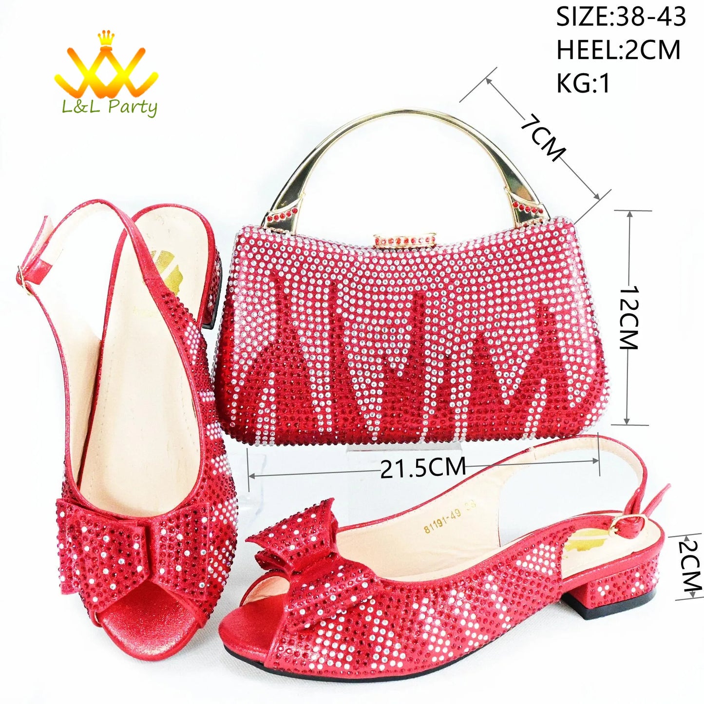 Fashionable shoes and bag set. Red sequined slingback peep toe low heel with bow and matching rhinestone clutch