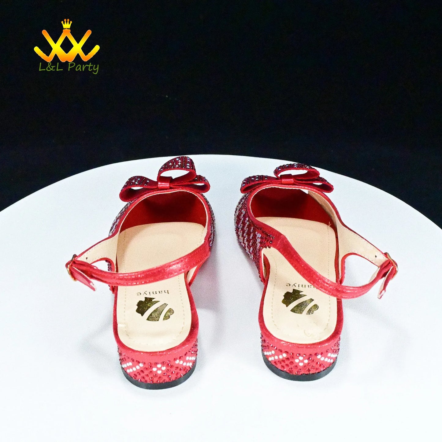 Red sequined girls sandals with bow and ankle strap by EtherealBe Fashionable shoes and bag set