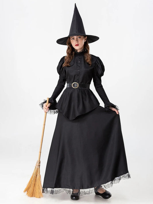 Elegant long sleeve Halloween witch dress with hat featuring a fitted bodice and flowing skirt