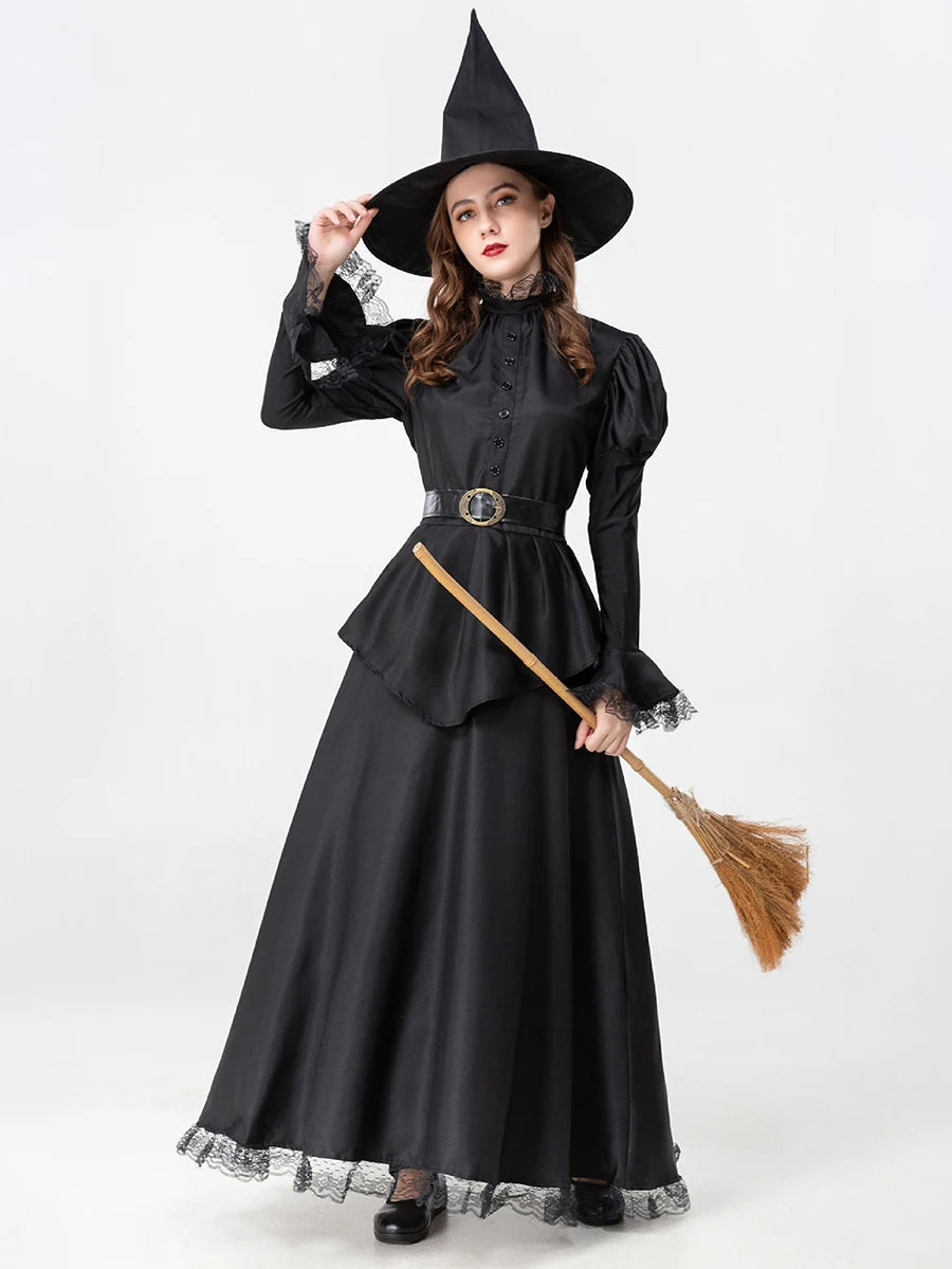 EtherealBe long sleeve Halloween witch dress with hat featuring puffed sleeves and a stylish belt