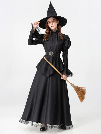 EtherealBe long sleeve Halloween witch dress with hat featuring puffed sleeves and a stylish belt