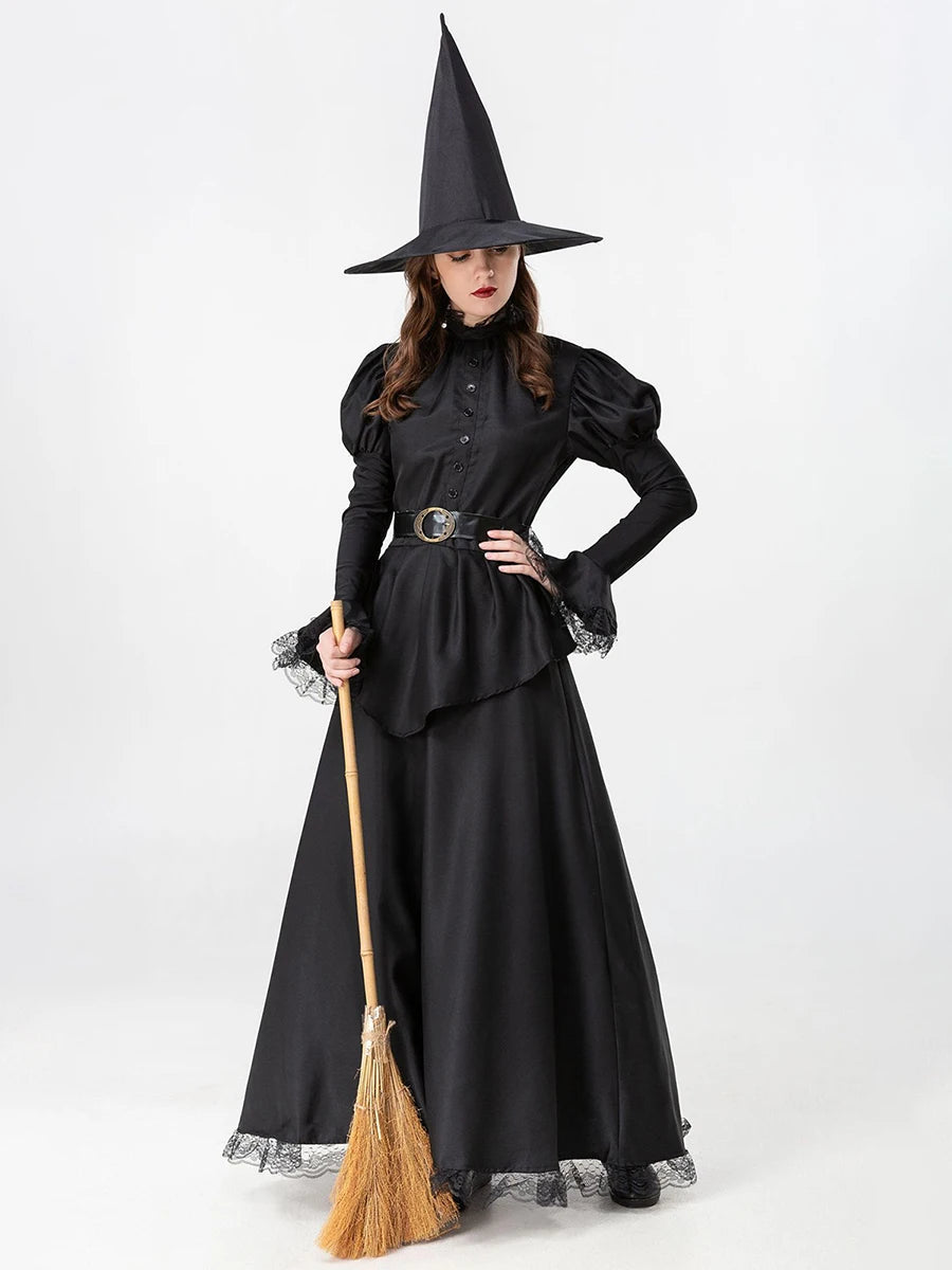 Elegant long sleeve Halloween witch dress with hat, featuring a flowing skirt and lace details, perfect for spooky celebrations