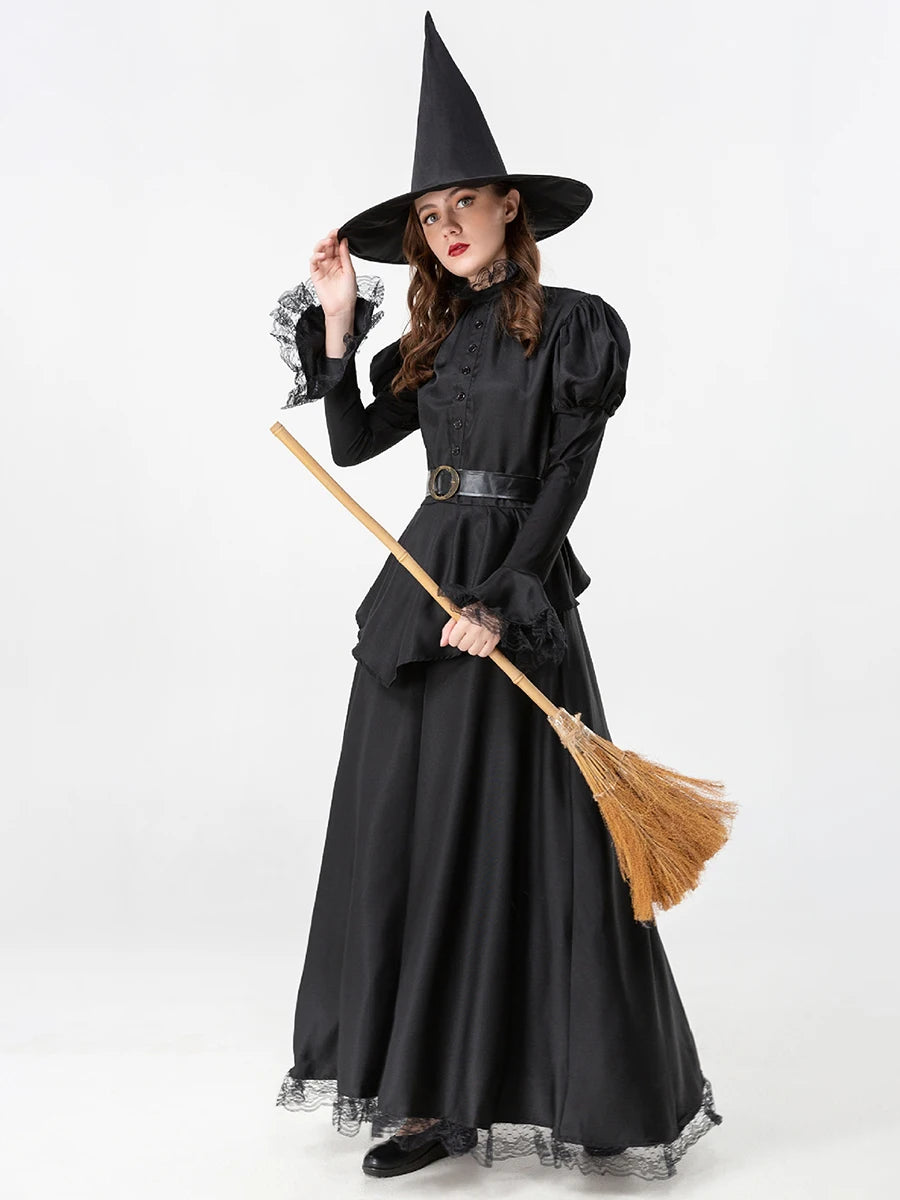 Elegant long sleeve Halloween witch dress with hat, featuring ruffled sleeves and a broomstick accessory