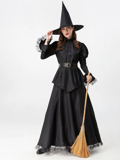 Elegant long sleeve Halloween witch dress with hat and broom perfect for spooky celebrations