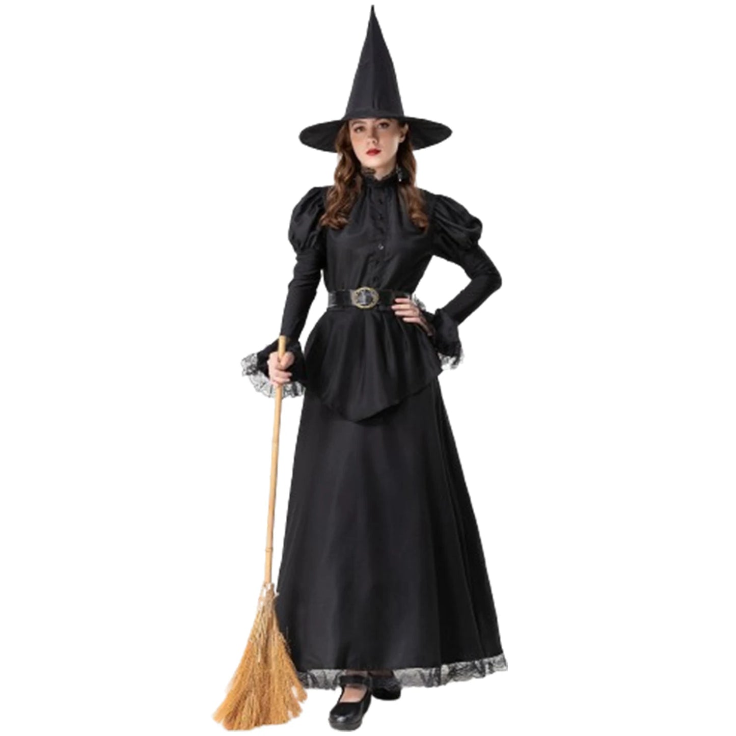 Elegant long sleeve Halloween witch dress with hat, featuring a classic design and broom accessory