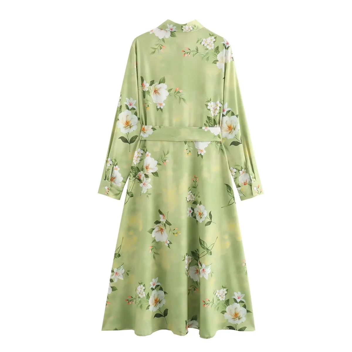 EtherealBe long sleeve spring floral midi dress in light green with elegant floral patterns