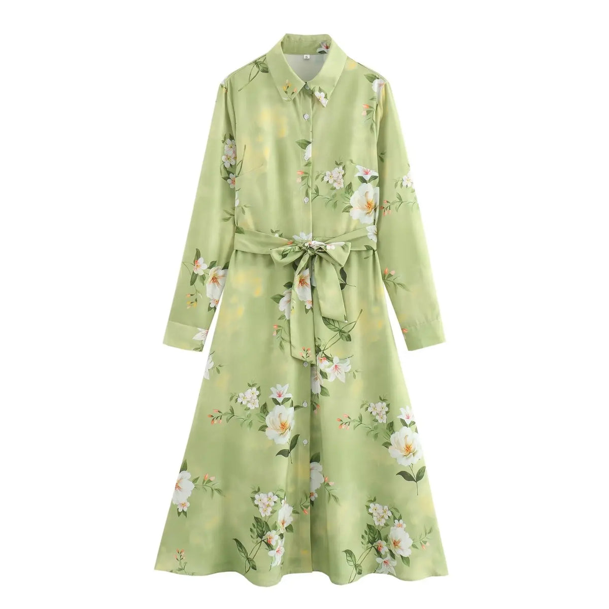 EtherealBe long sleeve spring floral midi dress in green with a belted waist and floral print