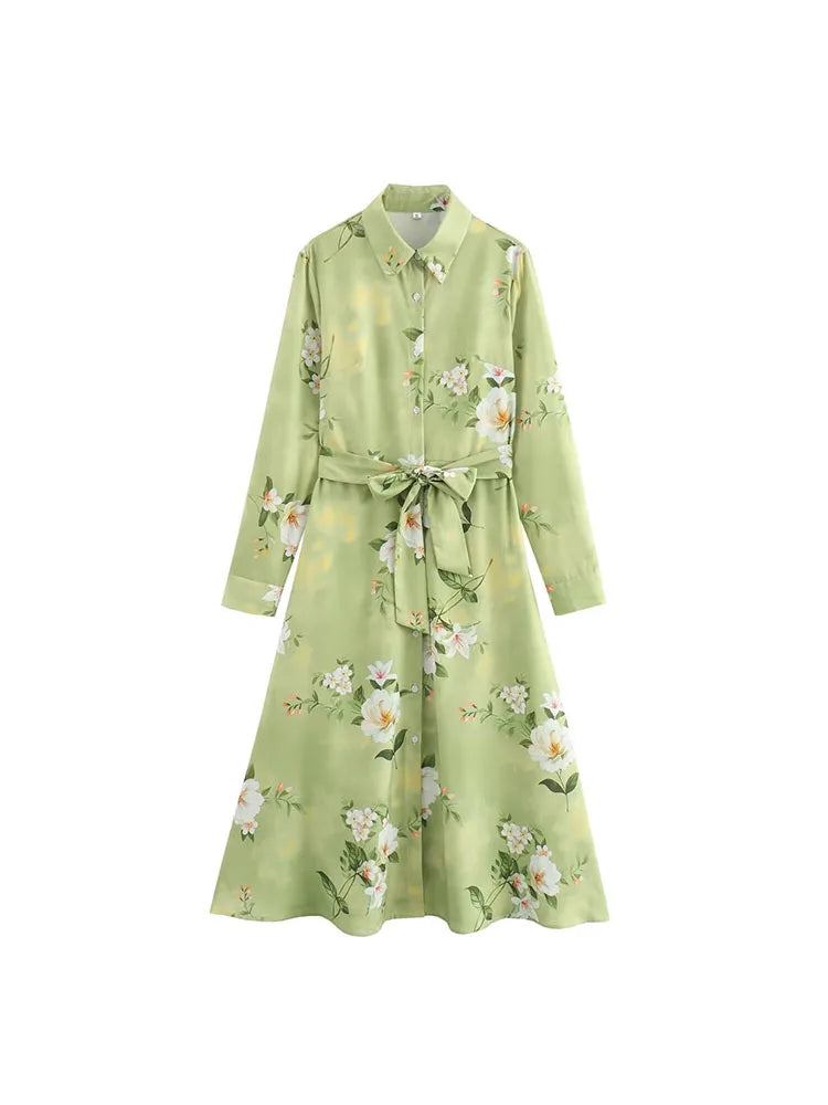 EtherealBe long sleeve spring floral midi dress in light green with a belt and floral pattern