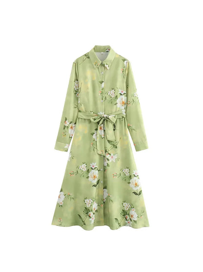 EtherealBe long sleeve spring floral midi dress in light green with a belt and floral pattern