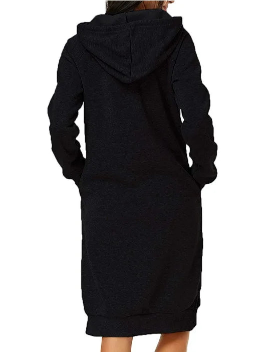 Back view of a black loose hooded knit dress for women, featuring long sleeves and a relaxed fit
