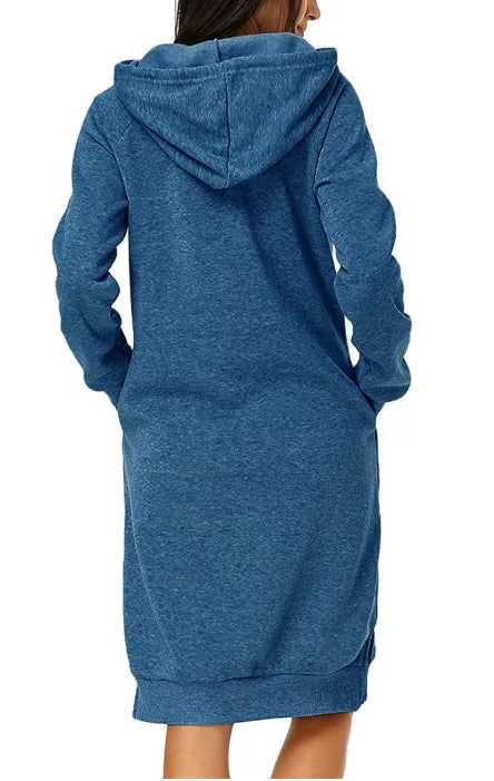 EtherealBe loose hooded knit dress for women in blue with long sleeves and side pockets