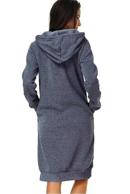 Cozy blue loose hooded knit dress for women with a relaxed fit and functionality