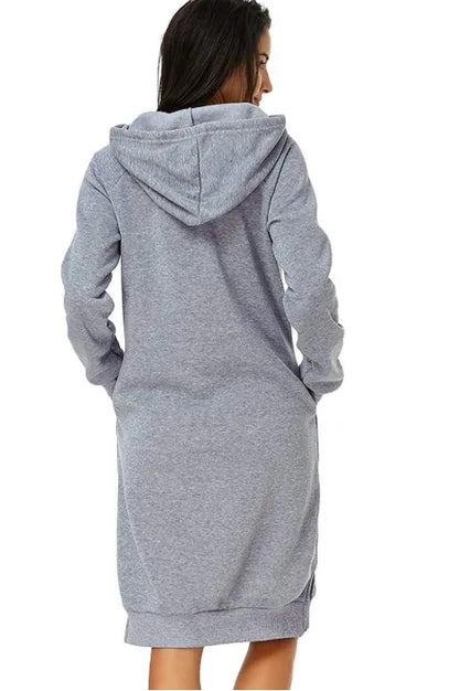 Cozy loose hooded knit dress for women in gray with long sleeves and a relaxed fit
