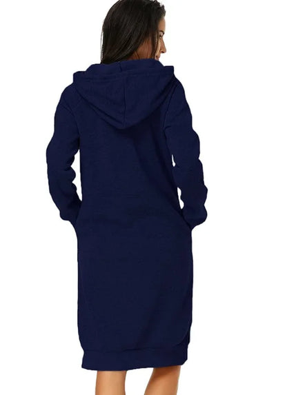Navy loose hooded knit dress for women with a comfortable fit and casual style