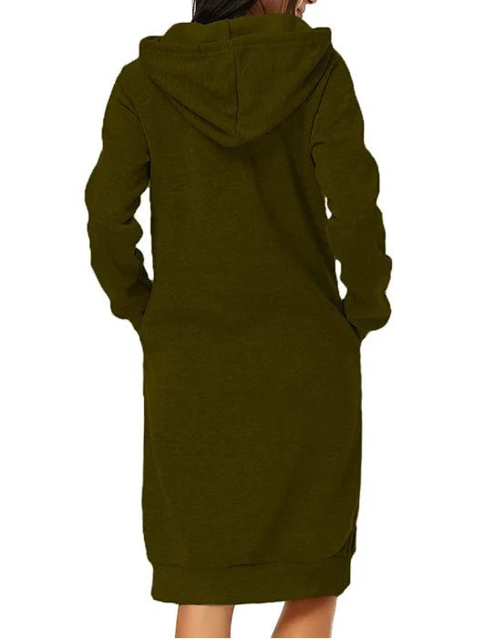 EtherealBe loose hooded knit dress for women in olive green with pockets and long sleeves