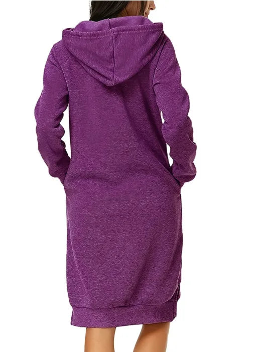 Back view of a purple loose hooded knit dress for women, featuring a relaxed fit and pockets