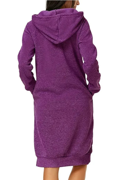 Back view of a purple loose hooded knit dress for women, featuring a relaxed fit and pockets