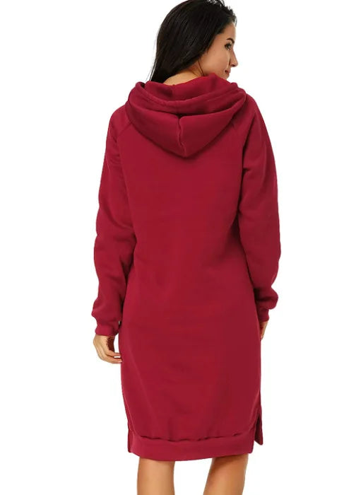 EtherealBe Loose Hooded Knit Dress for Women in Burgundy with a Comfortable Fit