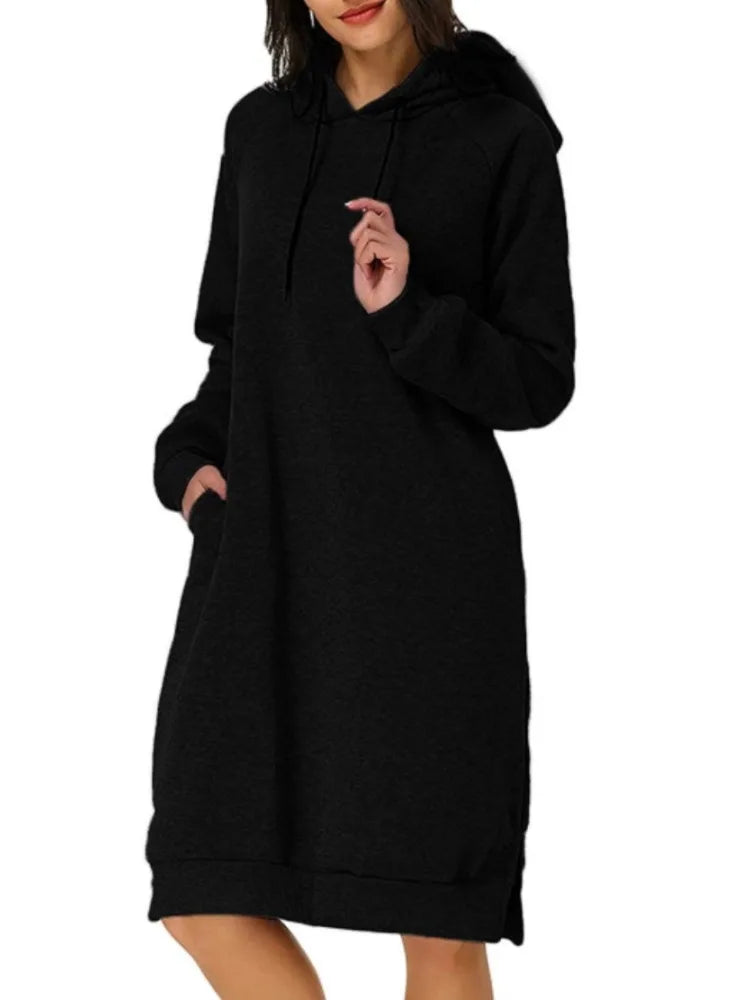 Black loose hooded knit dress for women featuring pockets and a cozy design for casual wear