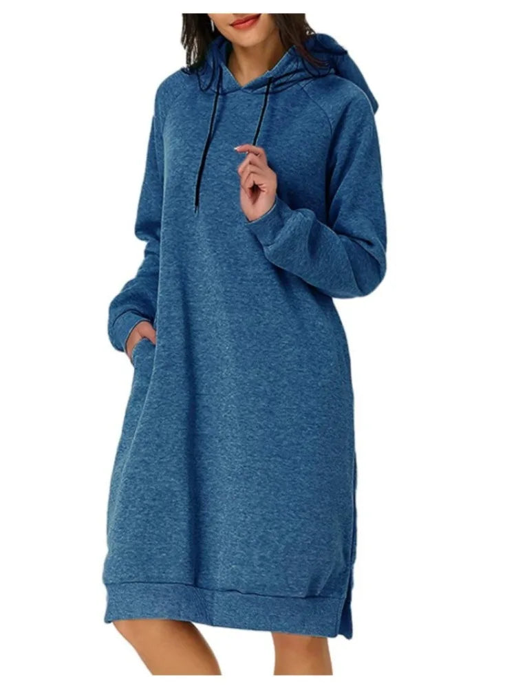 Cozy blue loose hooded knit dress for women with front pocket and casual fit