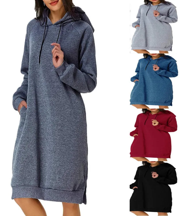 EtherealBe loose hooded knit dress for women in multiple colors, featuring pockets and comfortable fit
