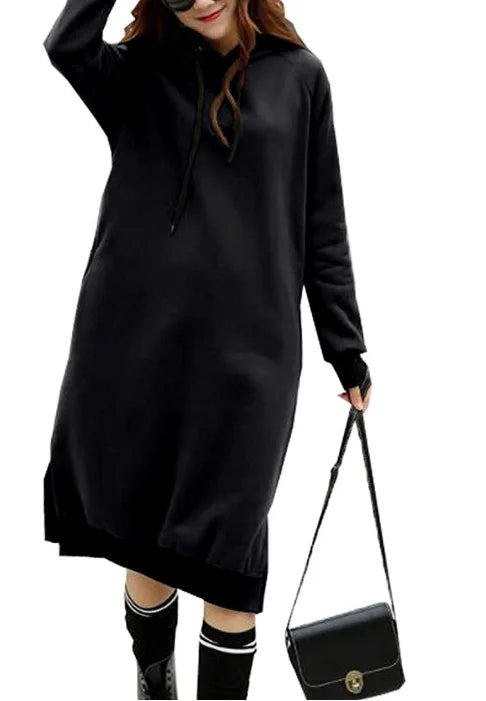 EtherealBe loose hooded knit dress for women in black with a relaxed fit and long sleeves