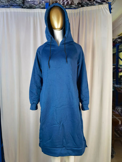 EtherealBe loose hooded knit dress for women in blue with long sleeves and a relaxed fit