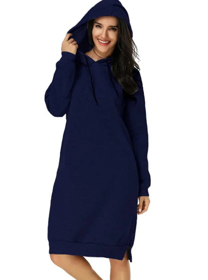 EtherealBe loose hooded knit dress for women in navy blue with side slits for comfort