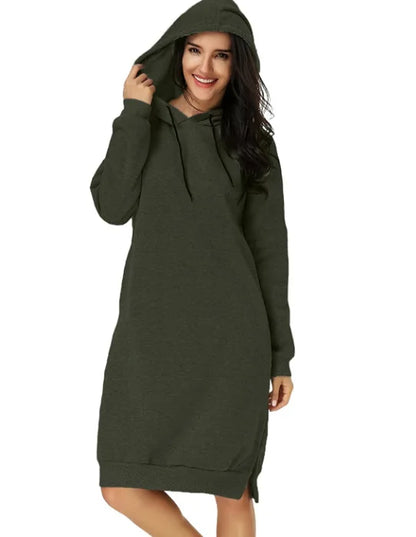 EtherealBe loose hooded knit dress for women in dark green with a relaxed fit and side slit