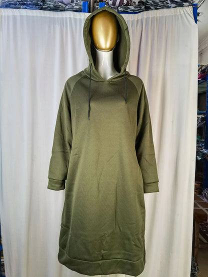 Loose hooded knit dress for women in olive green with a comfortable fit and long sleeves