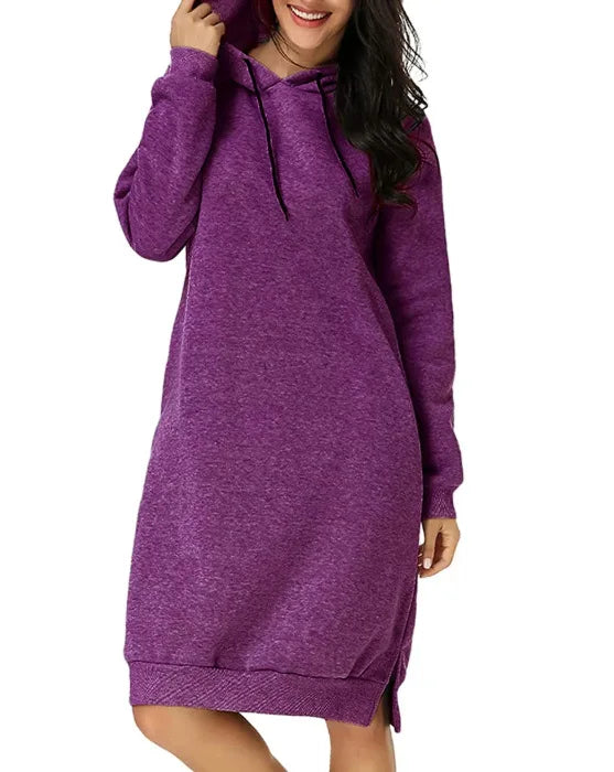 Purple loose hooded knit dress for women with a comfortable design and casual style