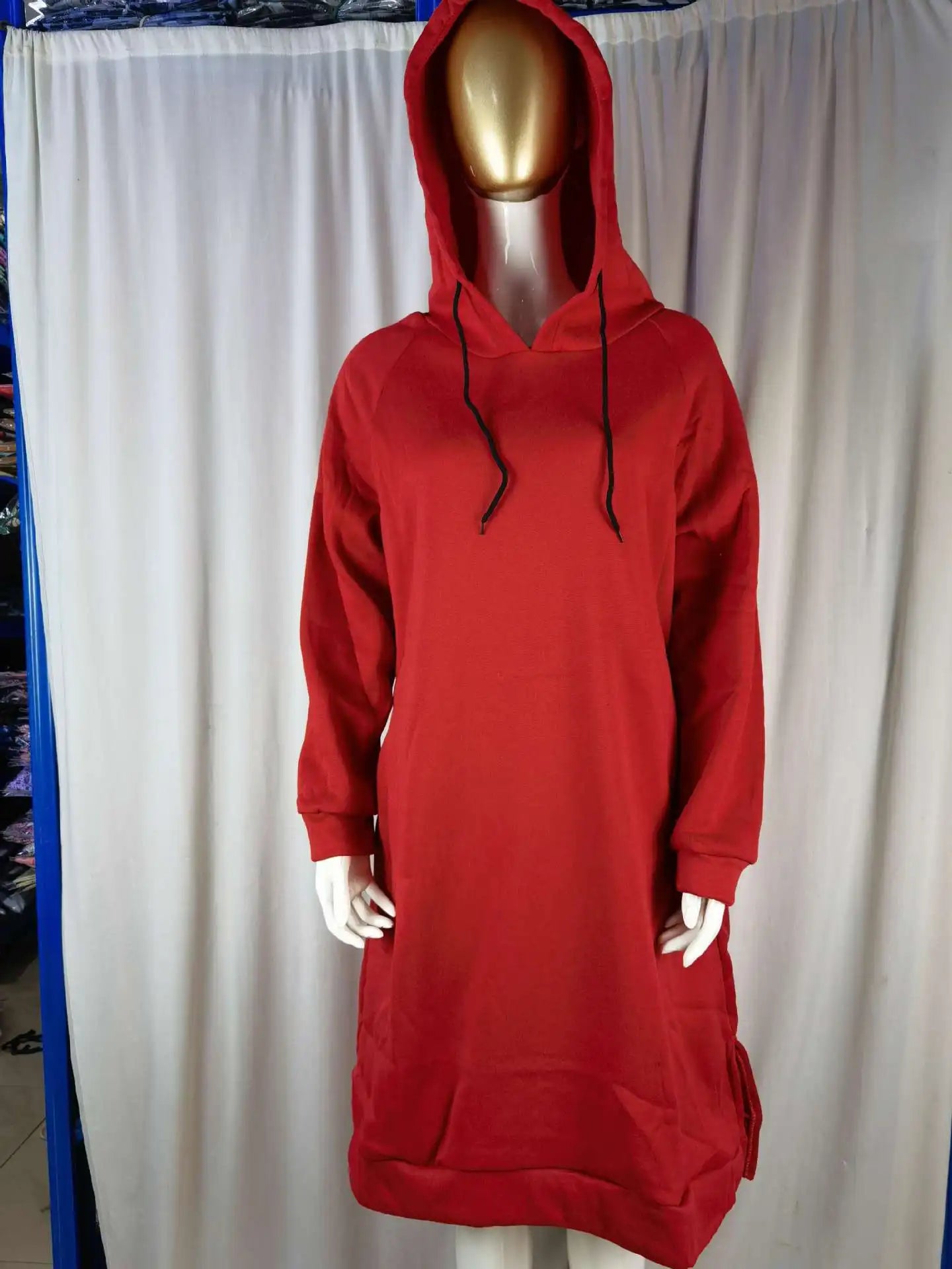EtherealBe loose hooded knit dress for women in red with long sleeves and adjustable hood