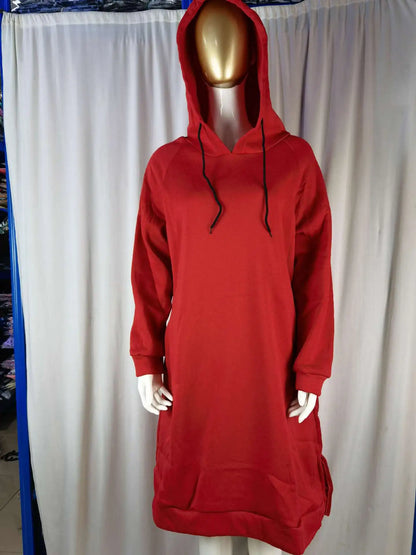 EtherealBe loose hooded knit dress for women in red with long sleeves and adjustable hood