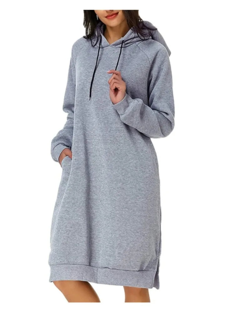 EtherealBe loose hooded knit dress for women in gray with pockets and a comfortable fit