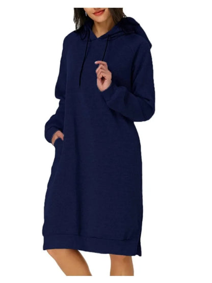 Navy loose hooded knit dress for women with side pockets and cozy design