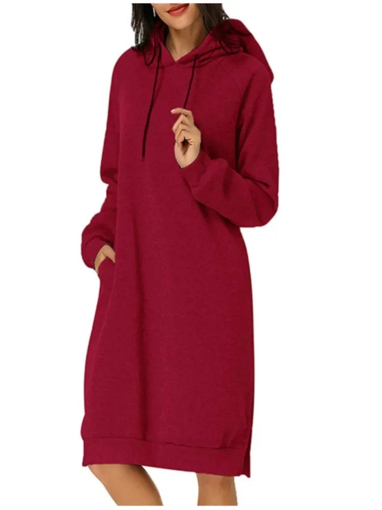 EtherealBe loose hooded knit dress for women in burgundy with long sleeves and pockets
