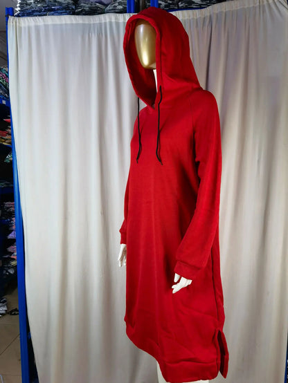 Red loose hooded knit dress for women with a cozy design and adjustable hood