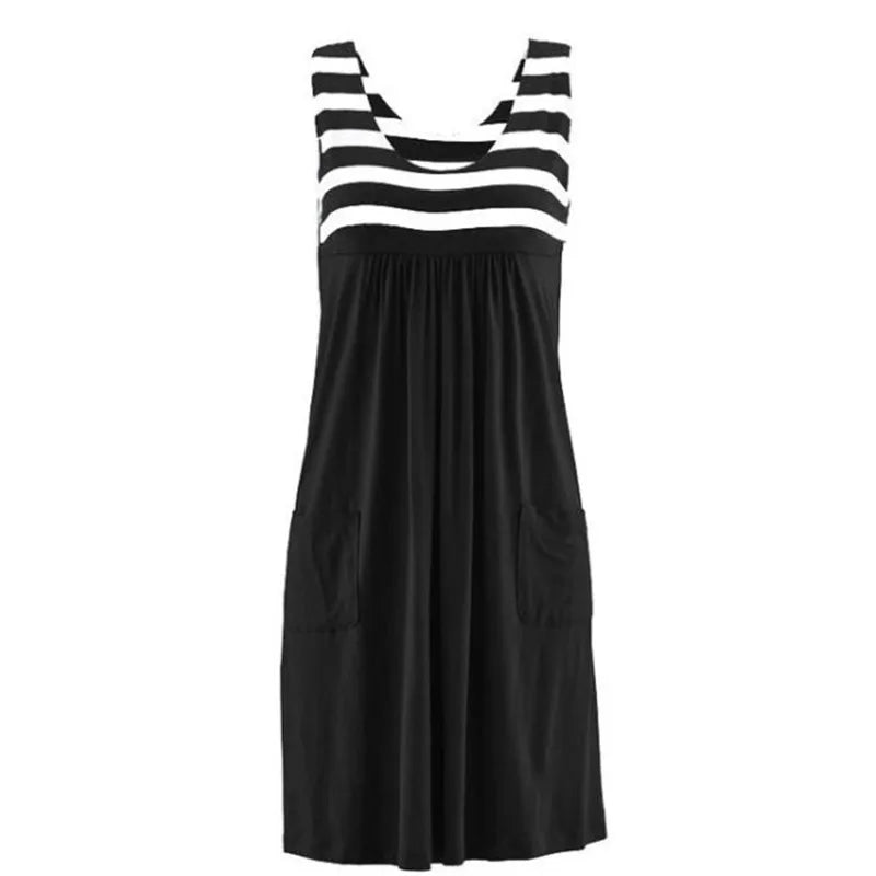 EtherealBe loose sleeveless casual dress featuring a striped top and two front pockets
