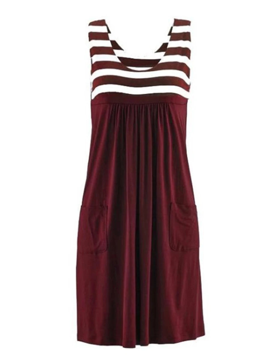 EtherealBe loose sleeveless casual dress in burgundy with striped top and pockets