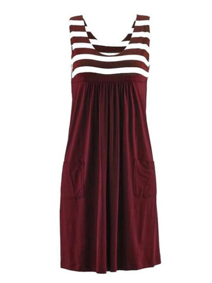 EtherealBe loose sleeveless casual dress in burgundy with striped top and pockets